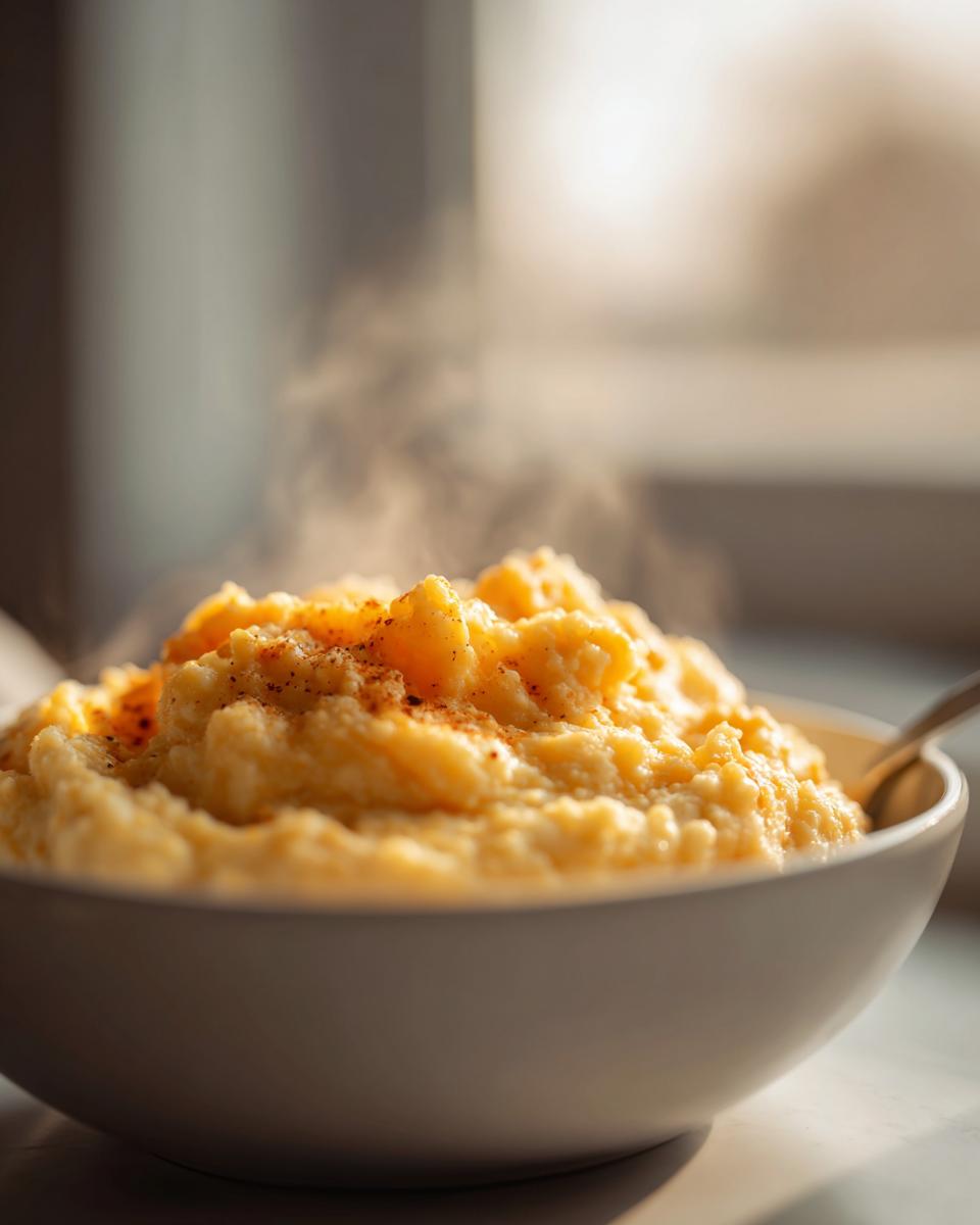 Close-up of a steaming white bowl filled with creamy, yellow cheese grits, lightly dusted with spice.