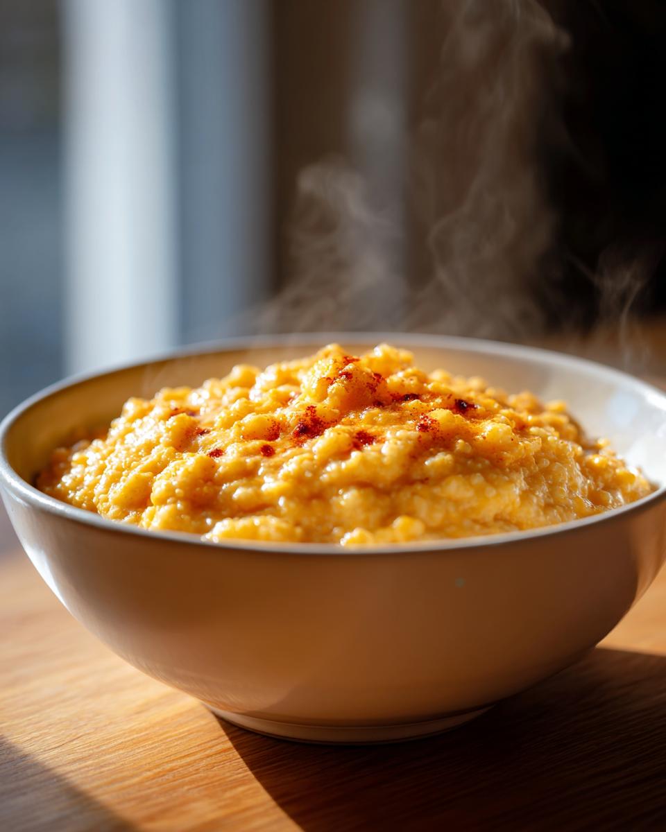 A close-up of a steaming bowl of vibrant yellow, creamy cheese grits, lightly sprinkled with paprika.