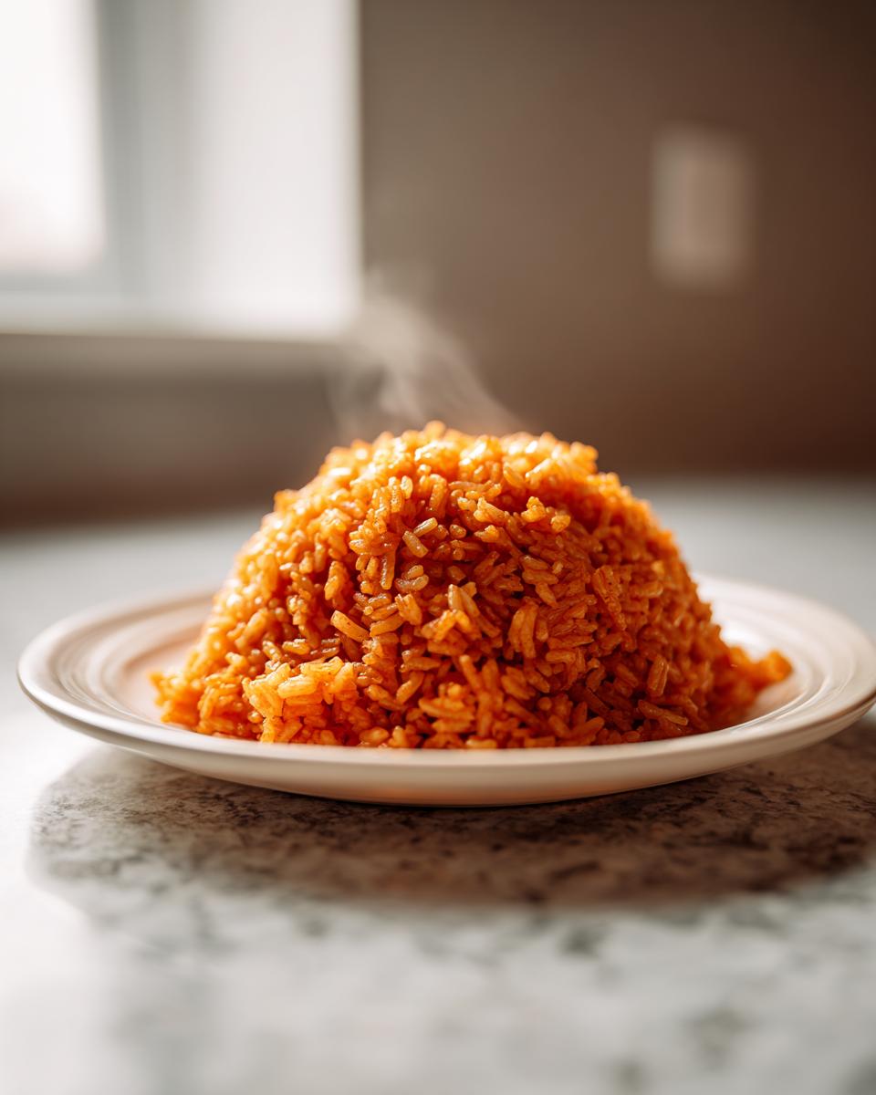 A perfectly molded, steaming mound of vibrant orange Nigerian jollof rice served on a white plate.