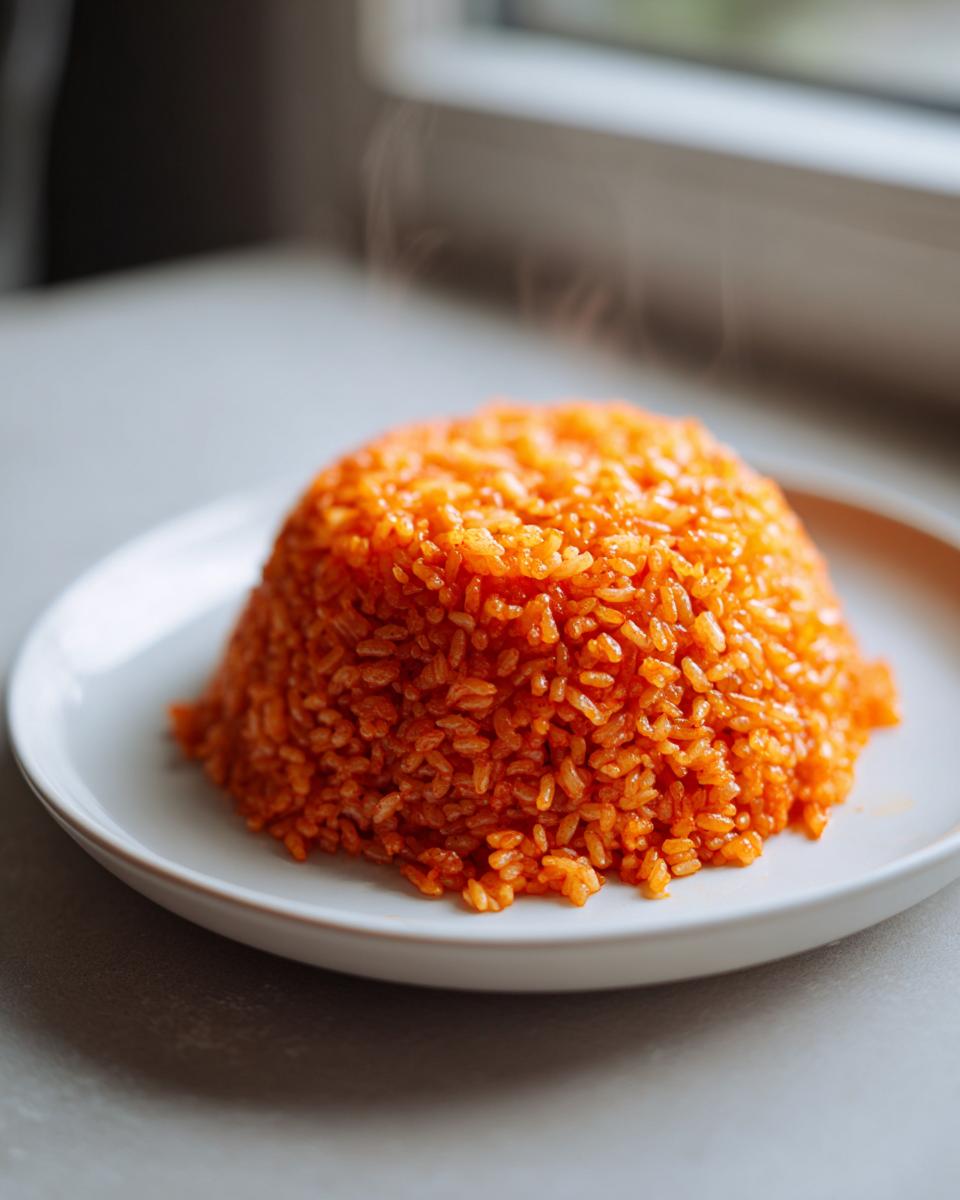 A perfectly molded, steaming mound of bright orange Nigerian jollof rice served on a white plate.