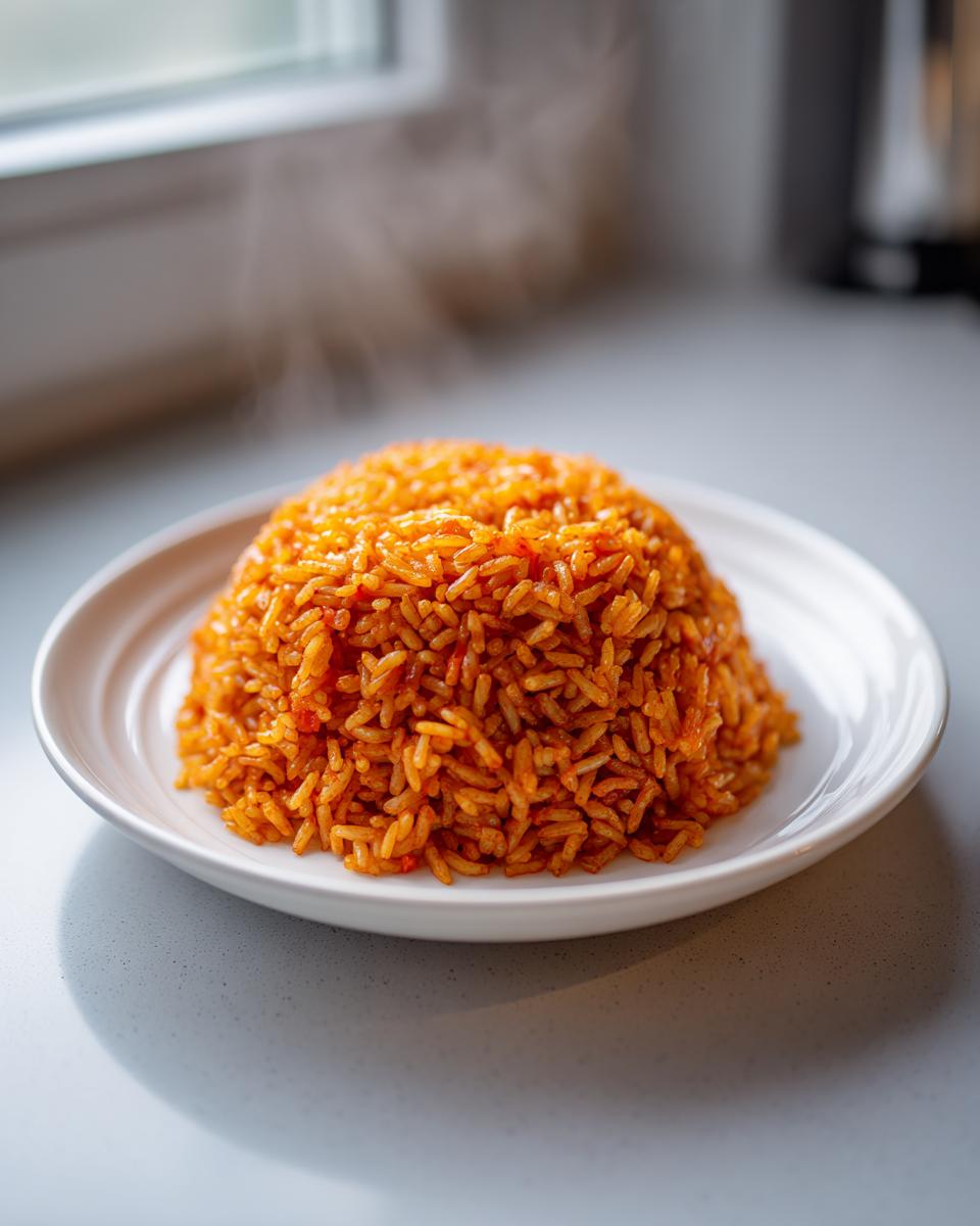 A perfectly molded mound of steaming hot Nigerian jollof rice served on a white plate, ready to eat.
