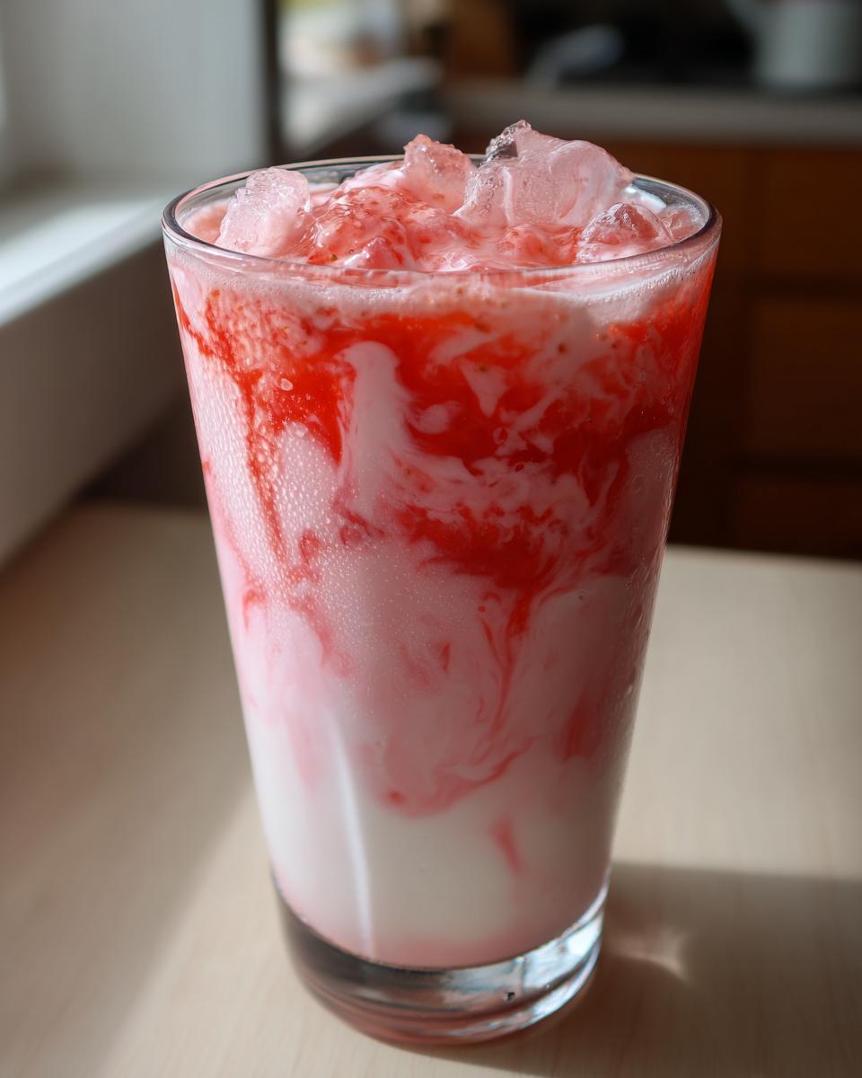 Close-up of a tall glass filled with layered strawberry milk and crushed ice, showing vibrant red swirls.