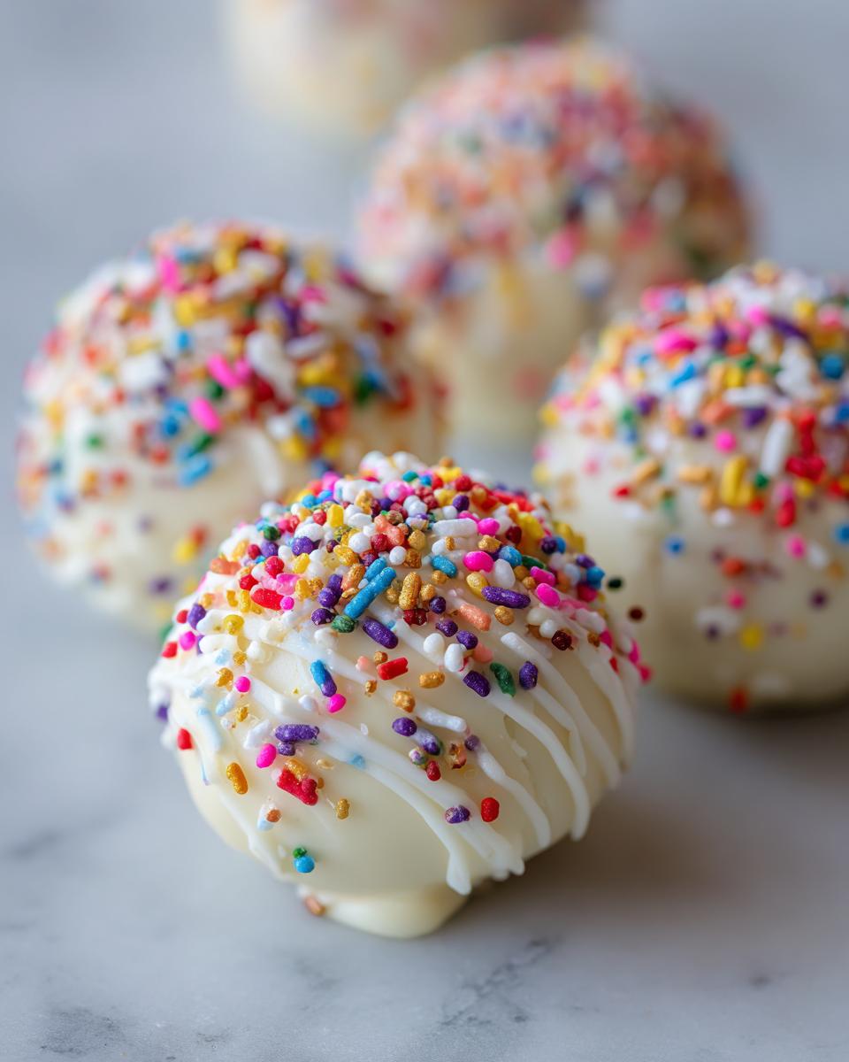 Close-up of a white chocolate coated sugar cookie truffles topped with rainbow sprinkles and a white chocolate drizzle.
