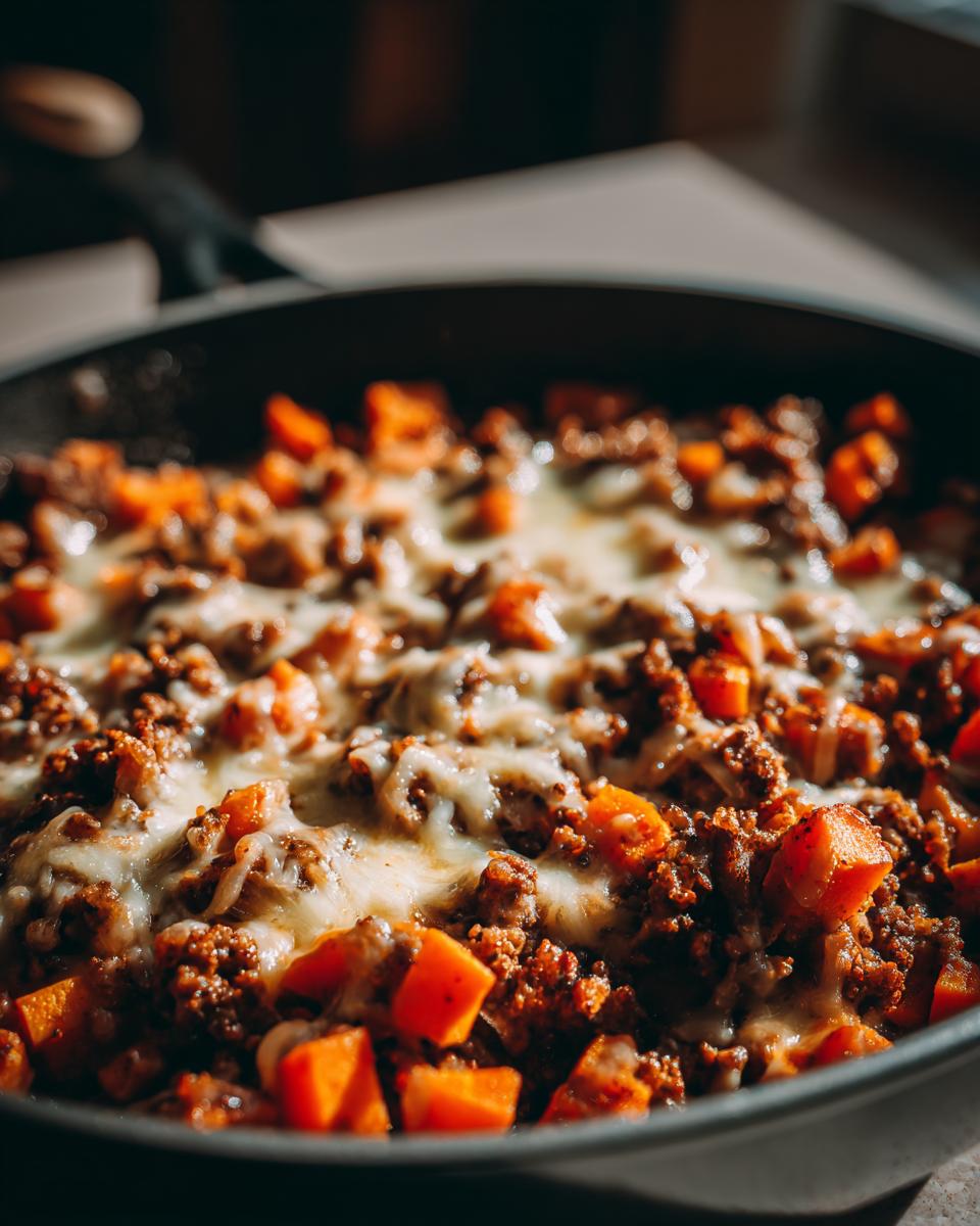 Close-up of a savory sweet potato skillet topped with melted cheese and seasoned ground meat.