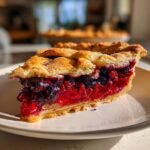 A close-up, tempting slice of berry pie with a flaky, sugared crust and vibrant red and dark berry filling.