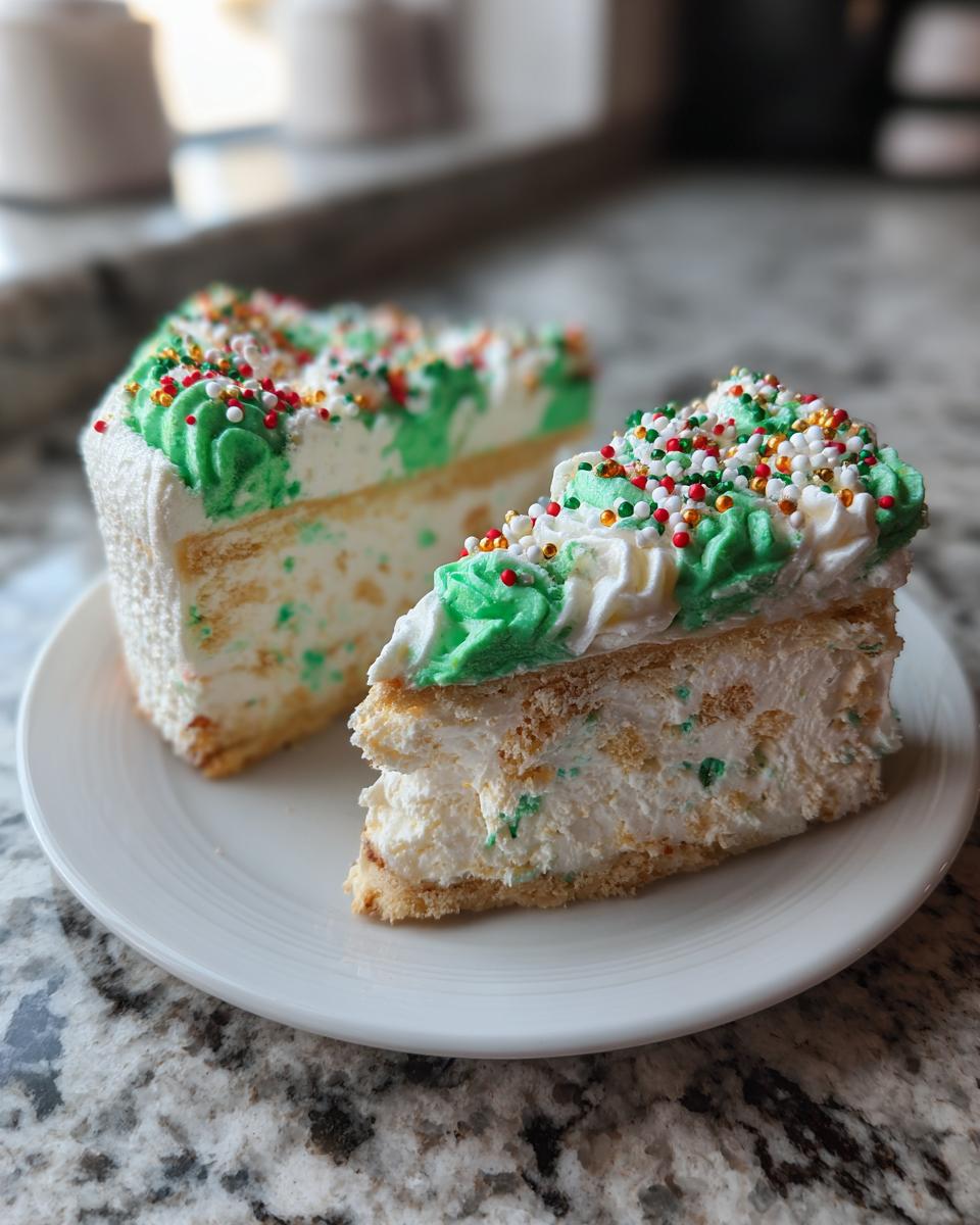 Two generous slices of christmas tree cheesecake topped with green frosting and festive sprinkles on a white plate.