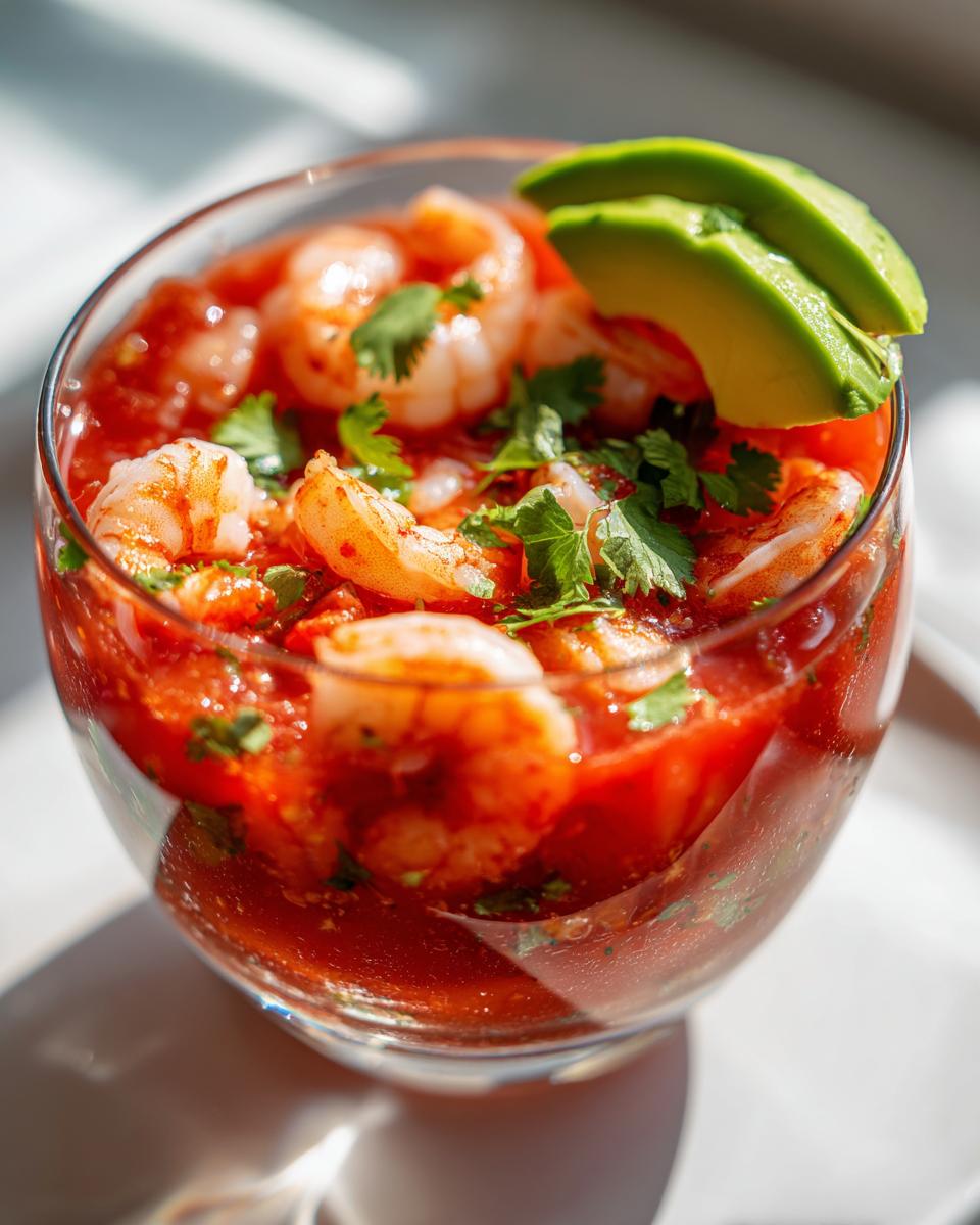 Close-up of a glass filled with zesty shrimp cocktail, featuring plump shrimp in a red sauce, garnished with cilantro and avocado slices.