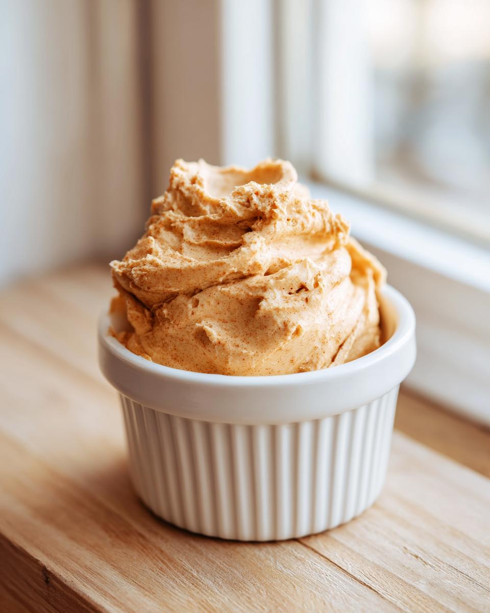 A swirl of whipped, spiced honey butter recipe served in a small white fluted ramekin on a wooden surface.
