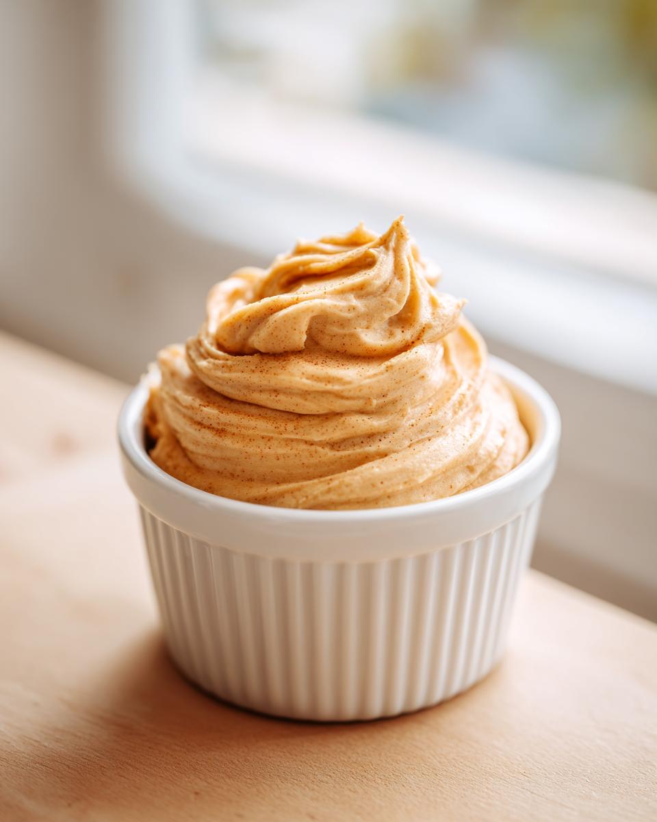 A swirl of golden-orange whipped honey butter, dusted with spice, served in a white ramekin.