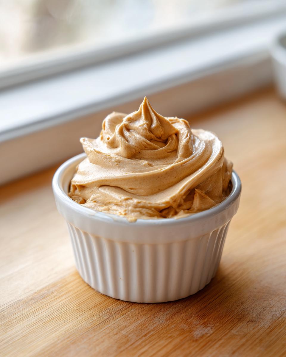 A perfectly piped swirl of golden brown honey butter recipe served in a small white fluted ramekin.