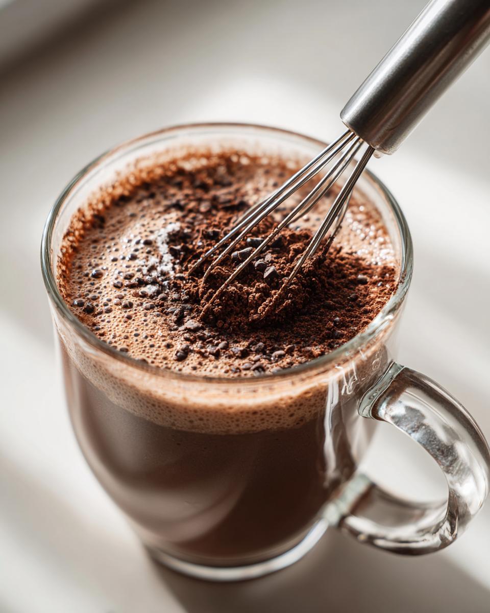 Close-up of a metal whisk incorporating rich powder into a frothy glass mug of hot cocoa mix.