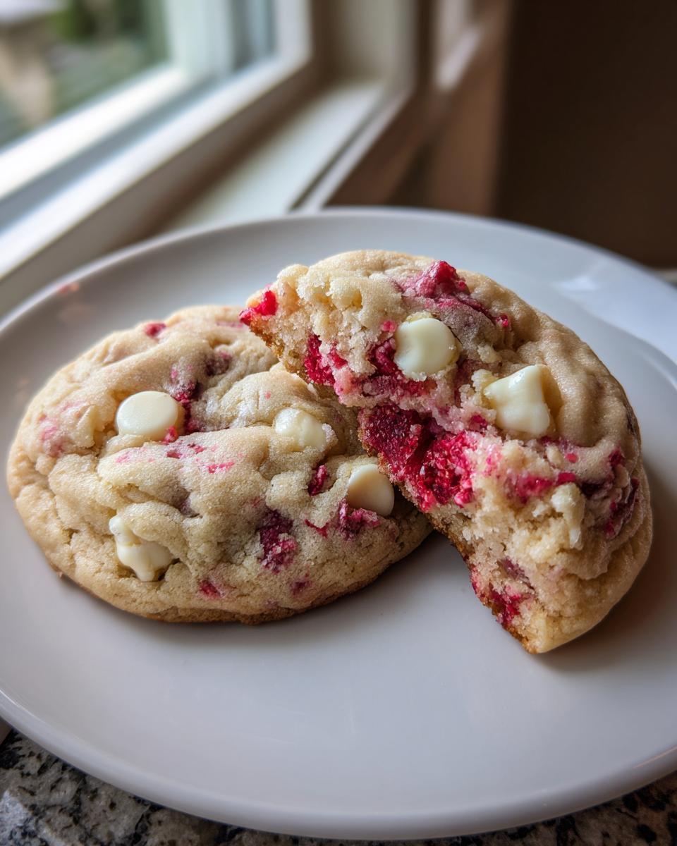 Two soft white chocolate raspberry cookies on a white plate, one broken open showing the gooey raspberry filling.