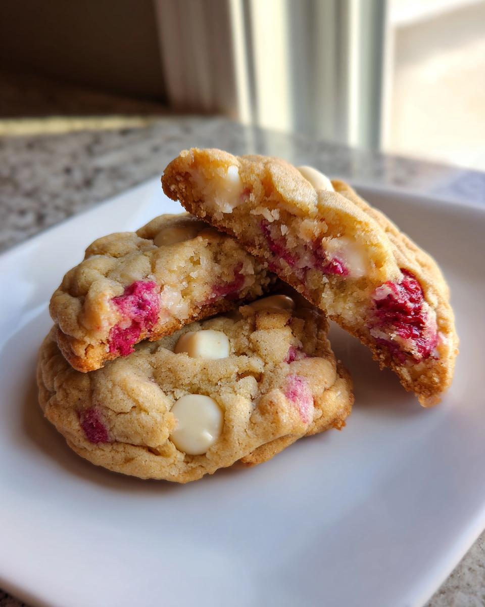 Close-up of soft white chocolate raspberry cookies, one broken in half showing the gooey interior with white chocolate chips and bright pink raspberry pieces.