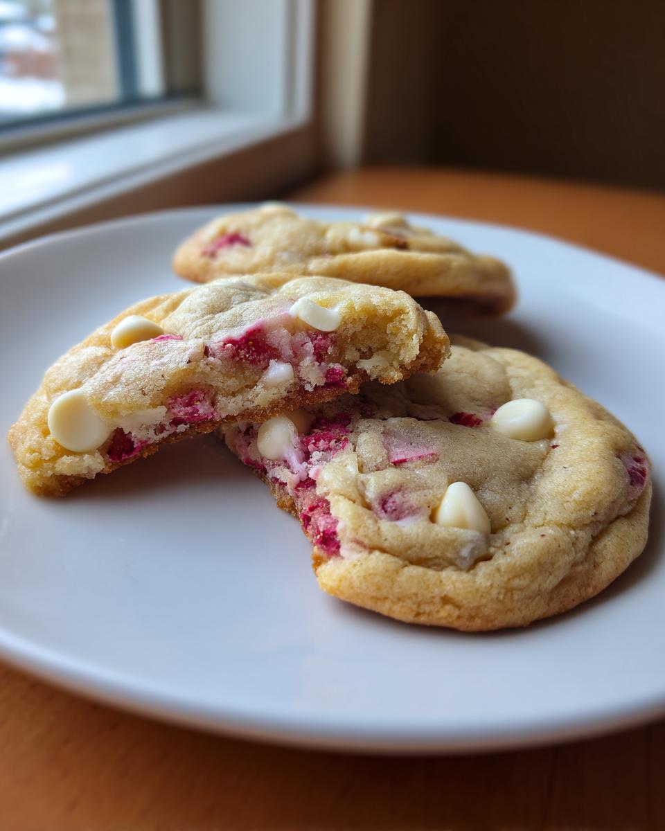 A broken white chocolate raspberry cookie revealing a soft, chewy interior with pink raspberry pieces and white chocolate chips.
