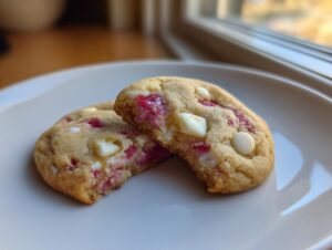 A close-up of a white chocolate raspberry cookie broken in half, revealing the soft interior and pink raspberry swirls.