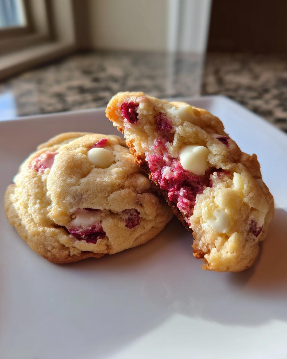 Two white chocolate raspberry cookies, one broken in half to show the gooey raspberry filling and white chocolate chips.