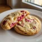 Two soft white chocolate raspberry cookies on a white plate, one broken in half showing the gooey interior.