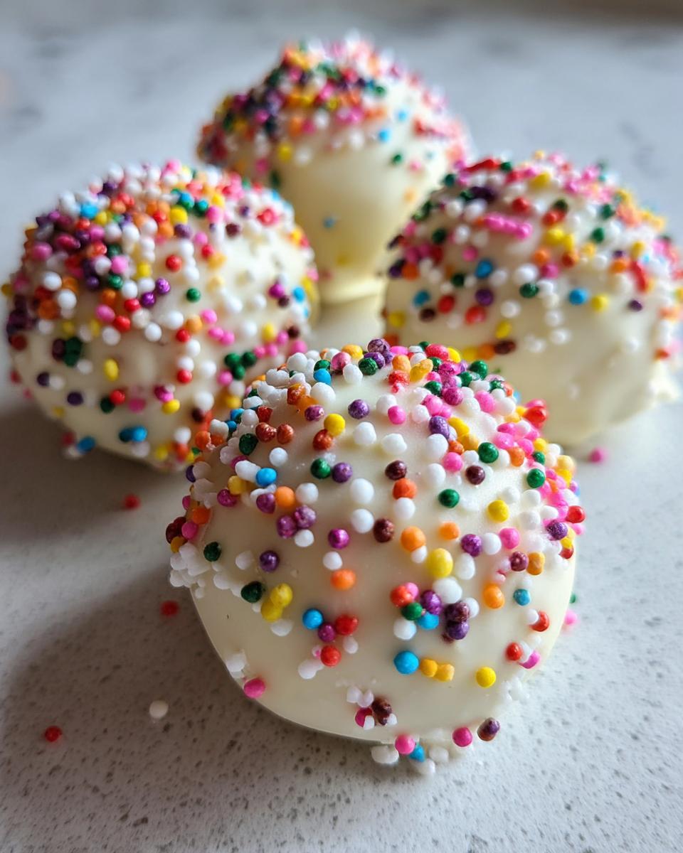 Close-up of four white chocolate coated sugar cookie truffles decorated with colorful rainbow sprinkles.