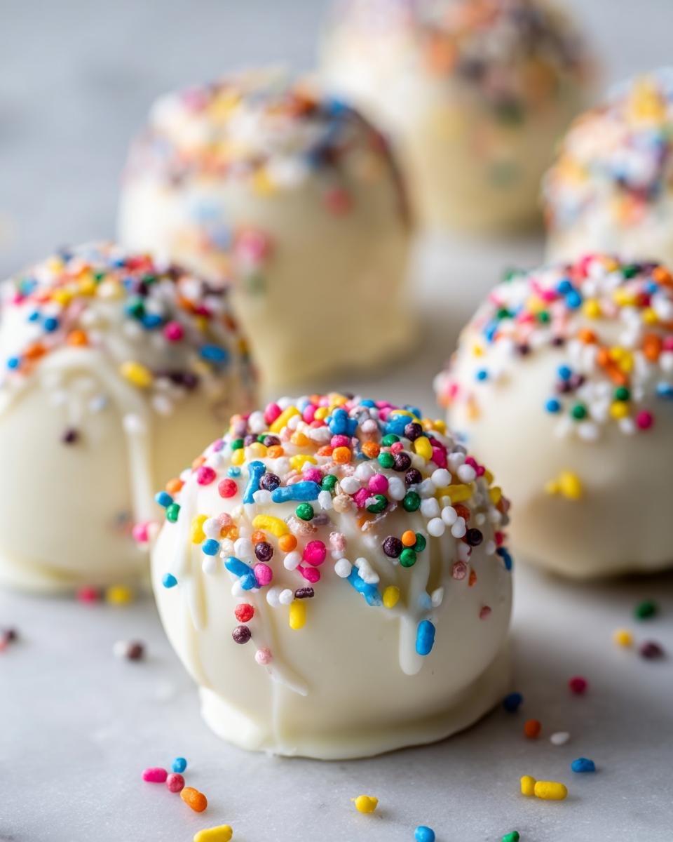 A close-up of one white chocolate sugar cookie truffles, generously topped with colorful sprinkles, with more truffles blurred in the background.