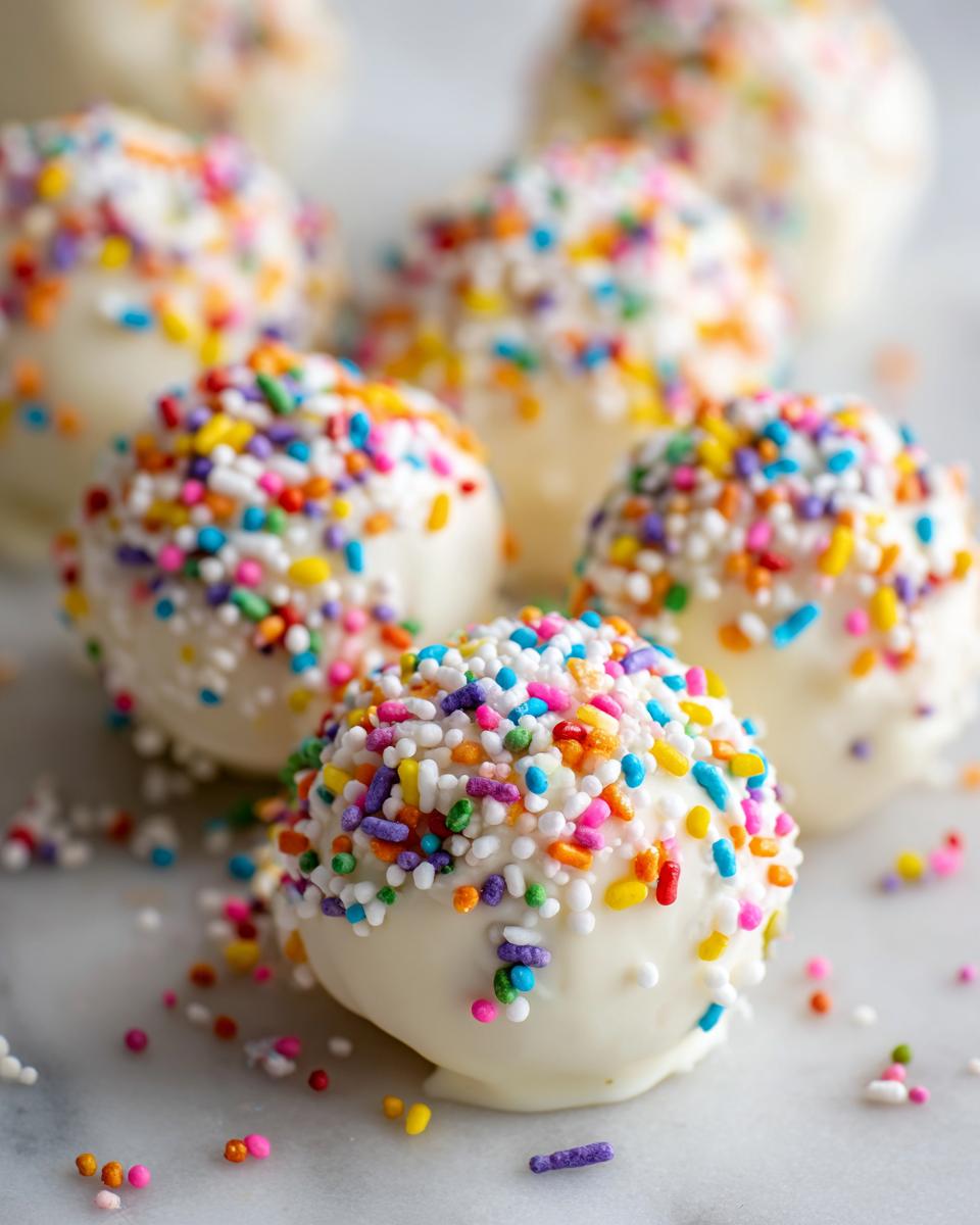 Close-up of white chocolate sugar cookie truffles generously coated in colorful rainbow sprinkles.