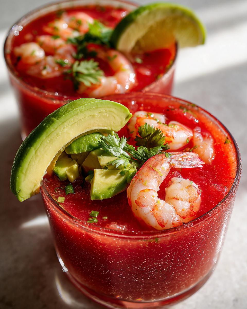 Close-up of a vibrant red shrimp cocktail served in a glass, topped with cooked shrimp, avocado slices, and cilantro.