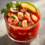 Close-up of a vibrant shrimp cocktail served in a glass with a spiced rim, garnished with cilantro and a lime wedge.