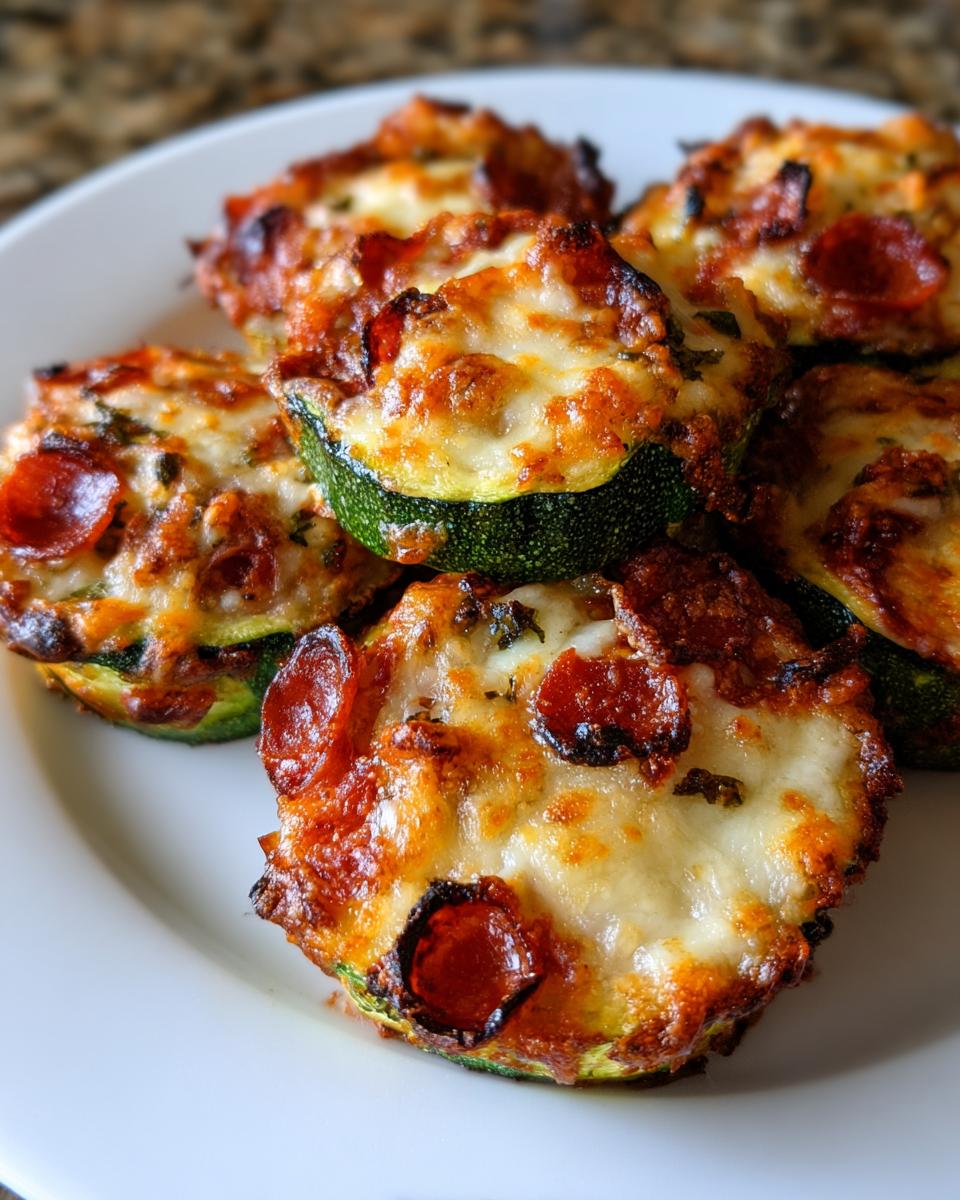 Close-up of several baked zucchini pizza bites topped with melted cheese and pepperoni.