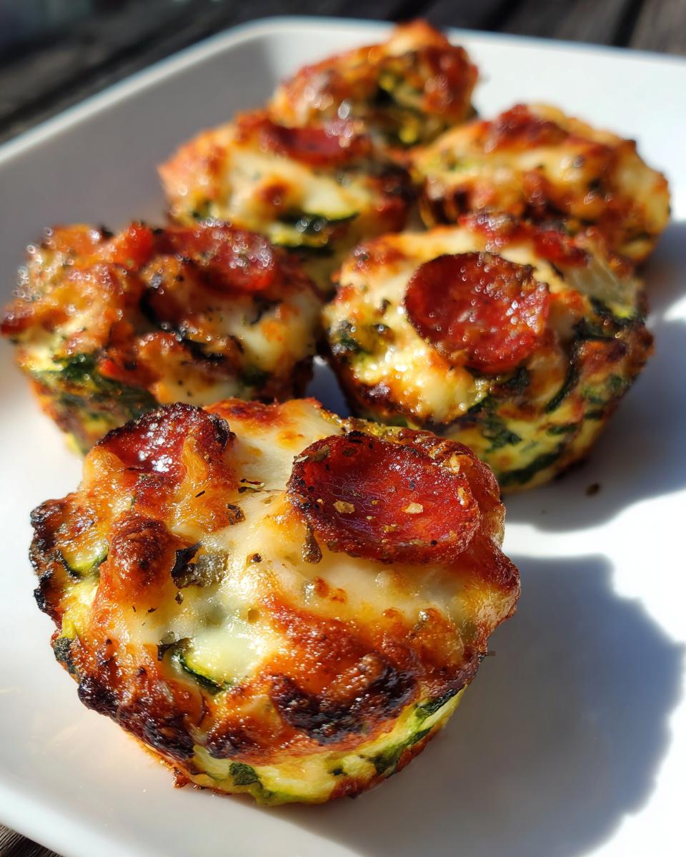 A close-up of several golden-brown zucchini pizza bites topped with melted cheese and pepperoni slices.