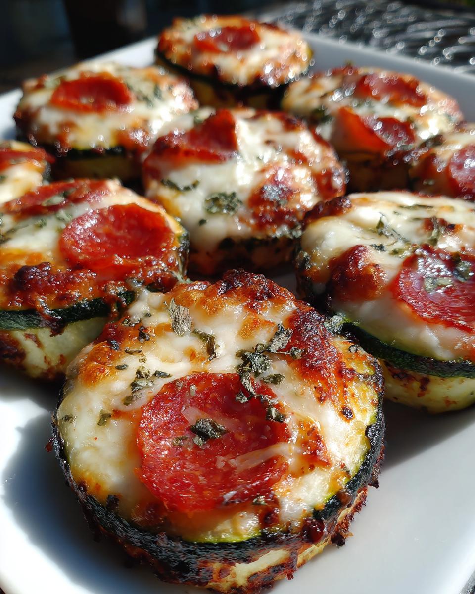 Close-up of several baked zucchini pizza bites topped with melted cheese, pepperoni, and herbs on a white plate.