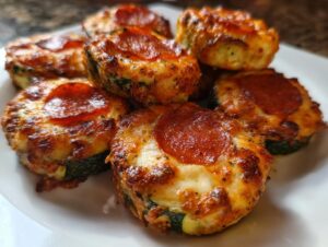 A close-up of several baked zucchini pizza bites topped with melted cheese and pepperoni slices.