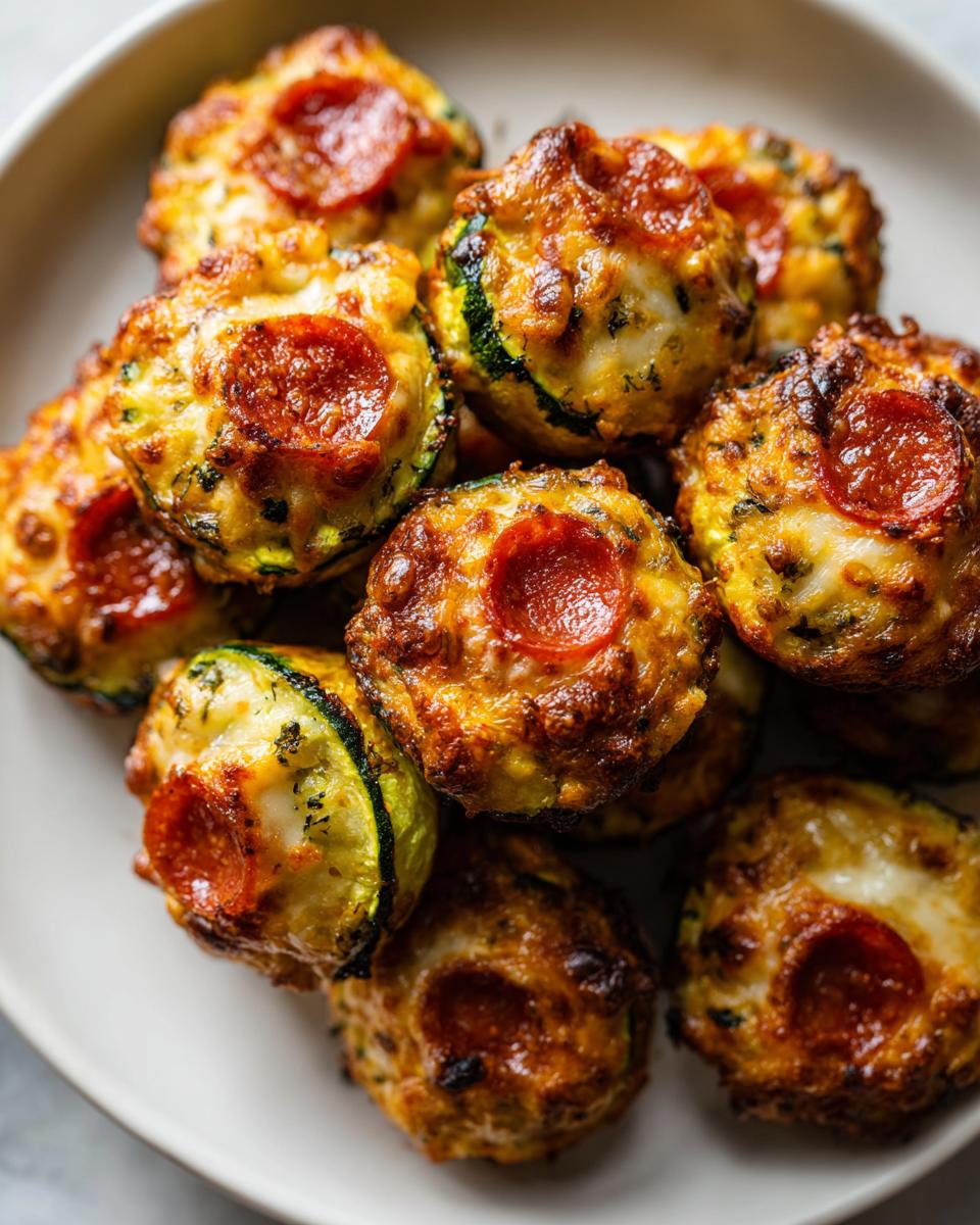 A close-up overhead shot of several golden-brown zucchini pizza bites topped with melted cheese and pepperoni slices.