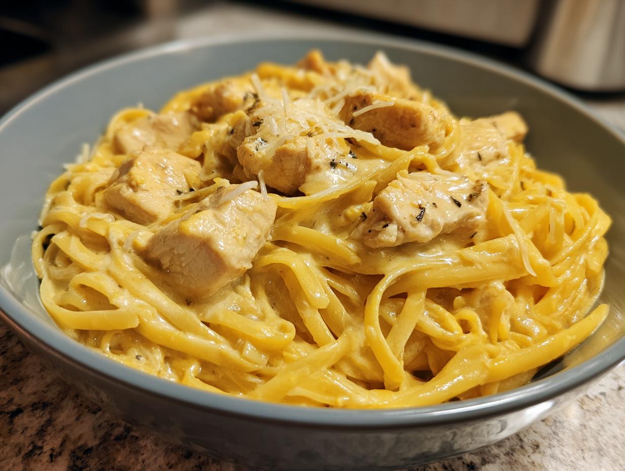 Close-up of creamy fettuccine chicken pasta topped with grated cheese in a light blue bowl.