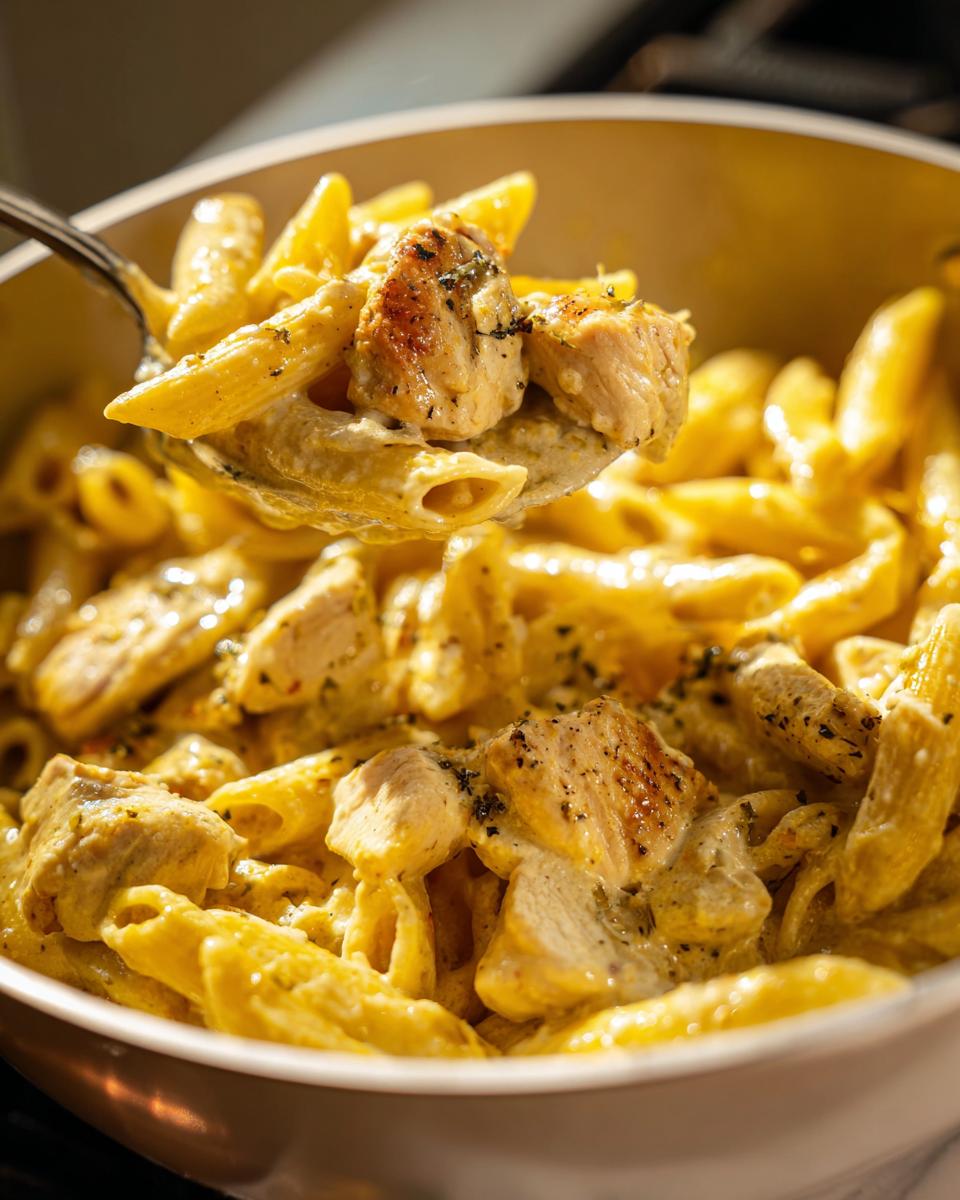 A spoonful of creamy chicken pasta with penne noodles and seasoned chicken pieces being lifted from the pot.