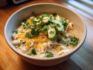 Close-up of a creamy white chicken chili topped with shredded cheese, fresh cilantro, and sliced avocado.