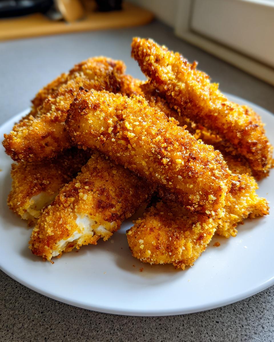 A pile of crispy, golden brown air fryer chicken tenders stacked on a white plate, showing the texture of the breading.