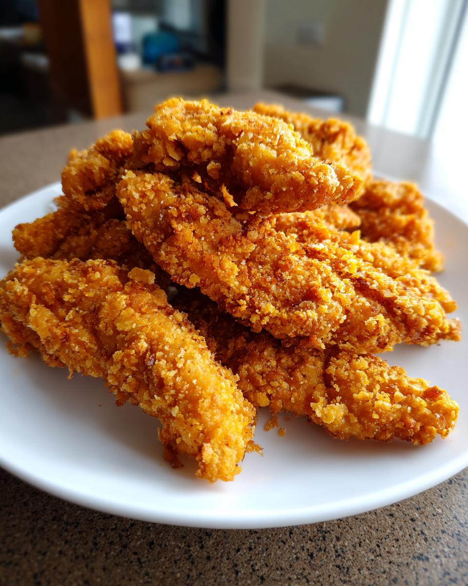 A close-up shot of a pile of golden brown, crispy air fryer chicken tenders served on a white plate.