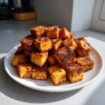 A pile of golden brown, seasoned air fryer tofu cubes stacked high on a white plate.
