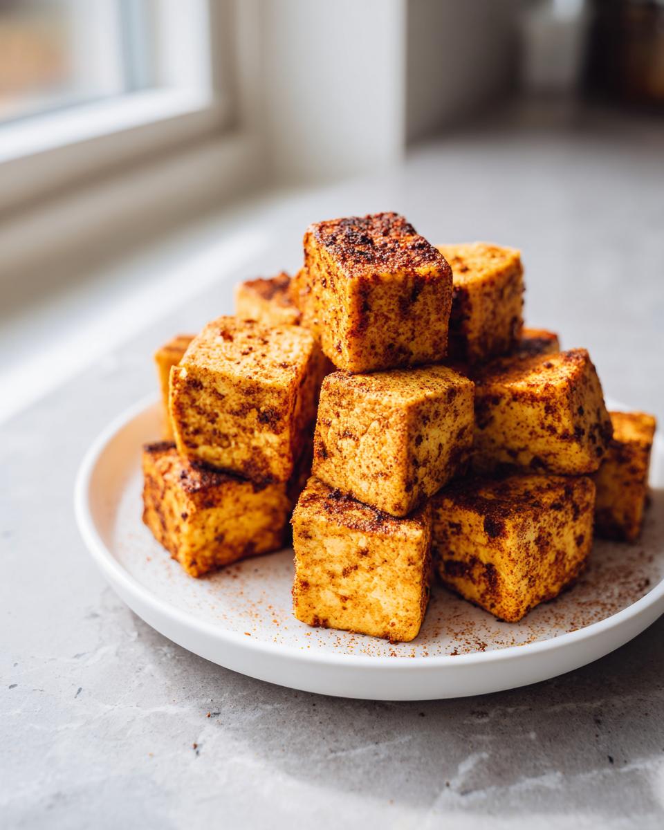 A stack of golden brown, seasoned air fryer tofu cubes piled high on a white plate.