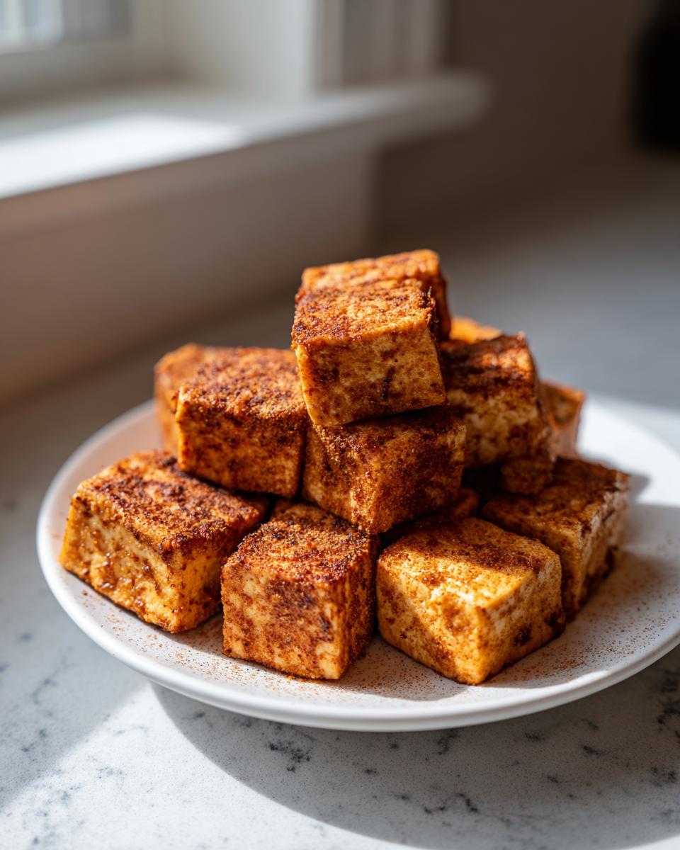 A stack of golden brown, seasoned air fryer tofu cubes piled high on a white speckled plate.