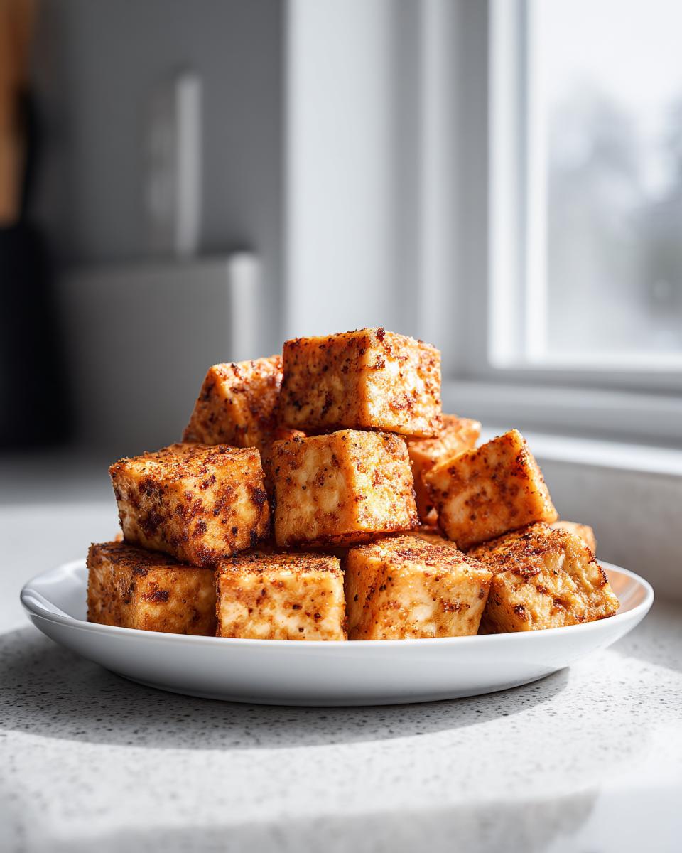 A stack of golden brown, seasoned air fryer tofu cubes piled high on a white plate near a bright window.