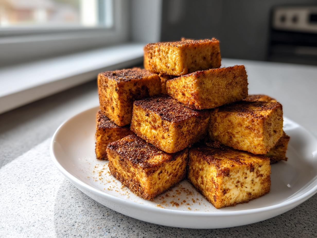 A stack of golden brown, seasoned air fryer tofu cubes piled high on a white plate.