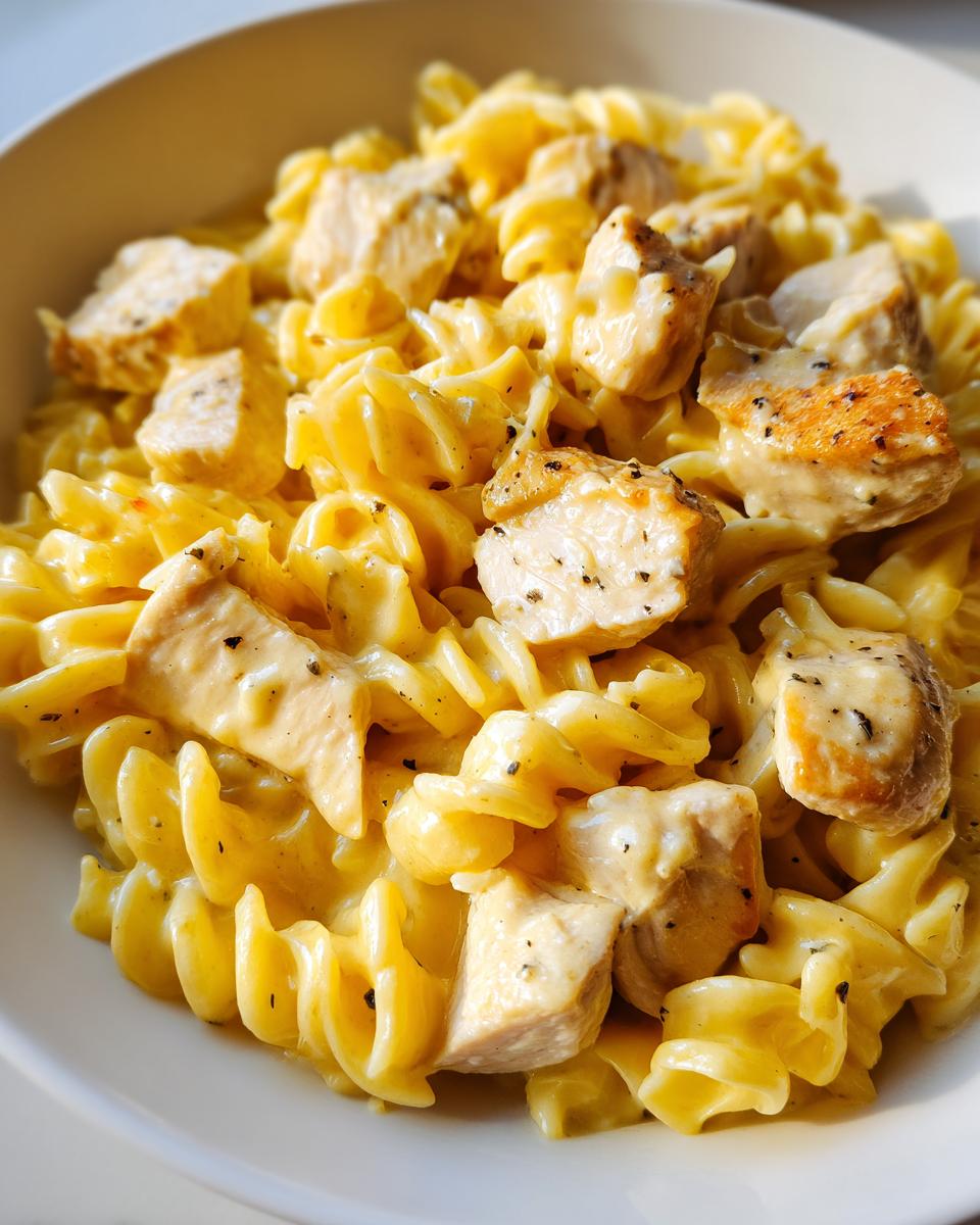 Close-up of creamy chicken pasta featuring chunks of seasoned chicken mixed with fusilli pasta in a rich, yellow sauce.