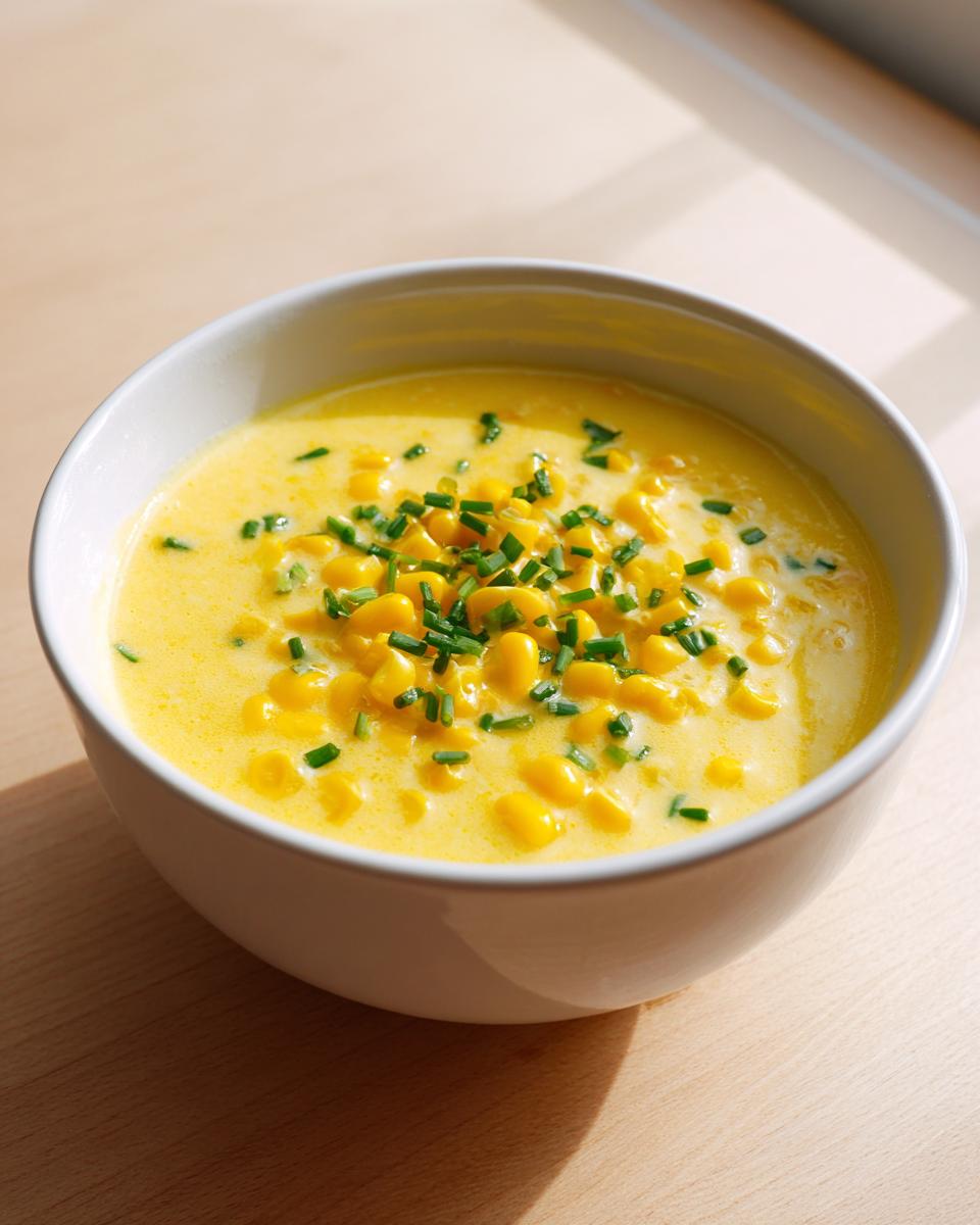 A close-up of a white bowl filled with creamy yellow corn soup, topped with whole corn kernels and fresh chives.