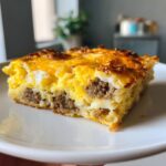 Close-up of a hearty slice of breakfast casserole with eggs, sausage, and melted cheddar cheese on a white plate.