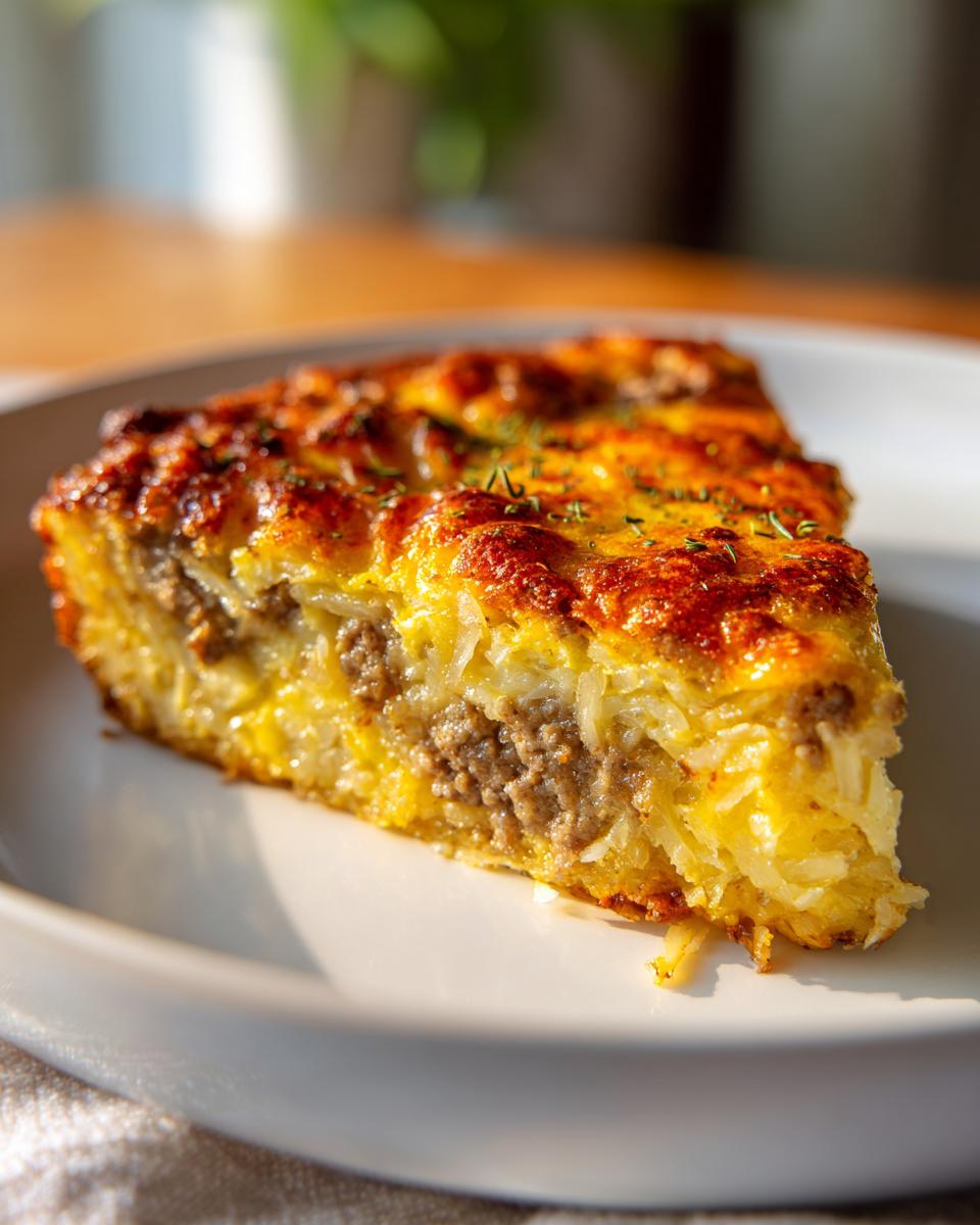 A golden-brown slice of breakfast casserole featuring hash browns, sausage, and eggs on a white plate.