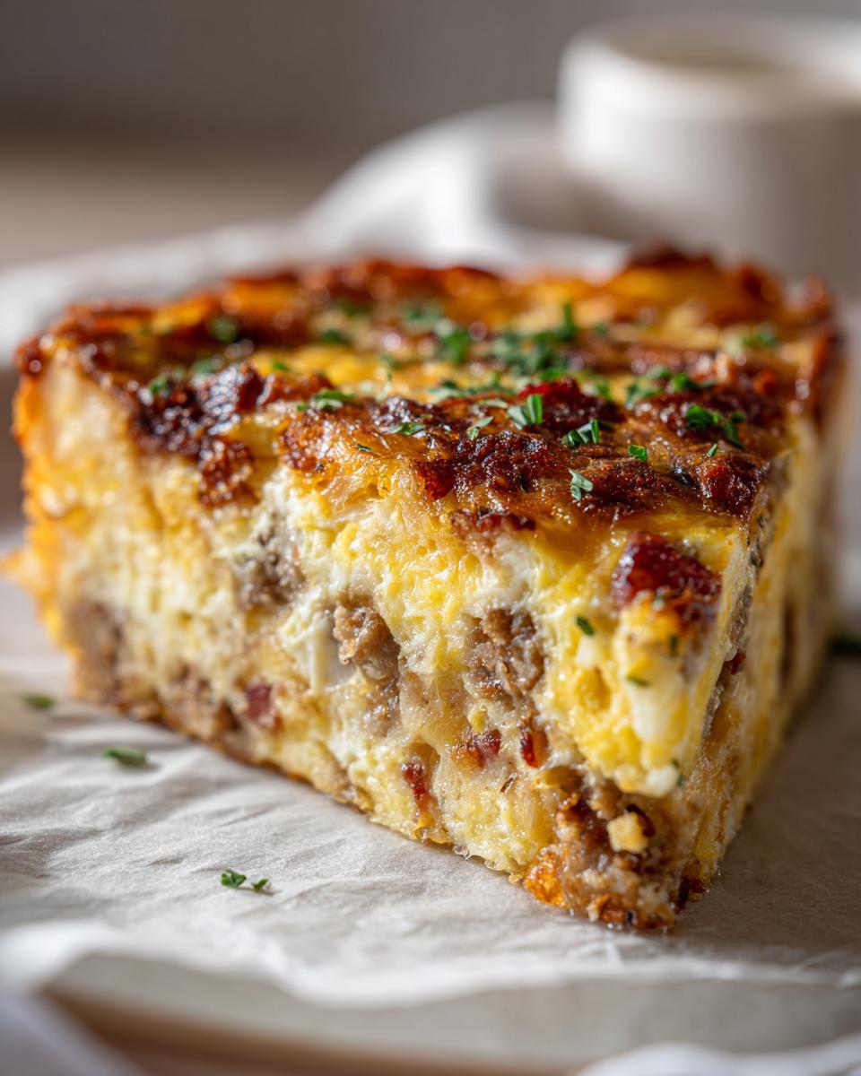 Close-up of a thick, golden-brown slice of breakfast casserole filled with eggs, sausage, and cheese.