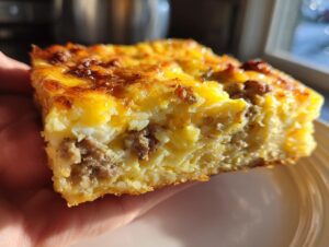 Close-up of a thick slice of cheesy, sausage-filled breakfast casserole held in hand.