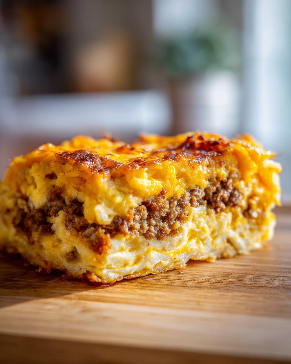 Close-up of a hearty slice of breakfast casserole showing layers of egg, sausage, and a golden-brown cheesy top.