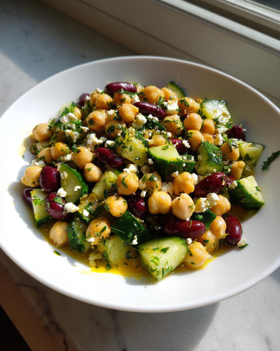 A close-up of a refreshing bean salad featuring chickpeas, kidney beans, cucumber, and feta cheese.