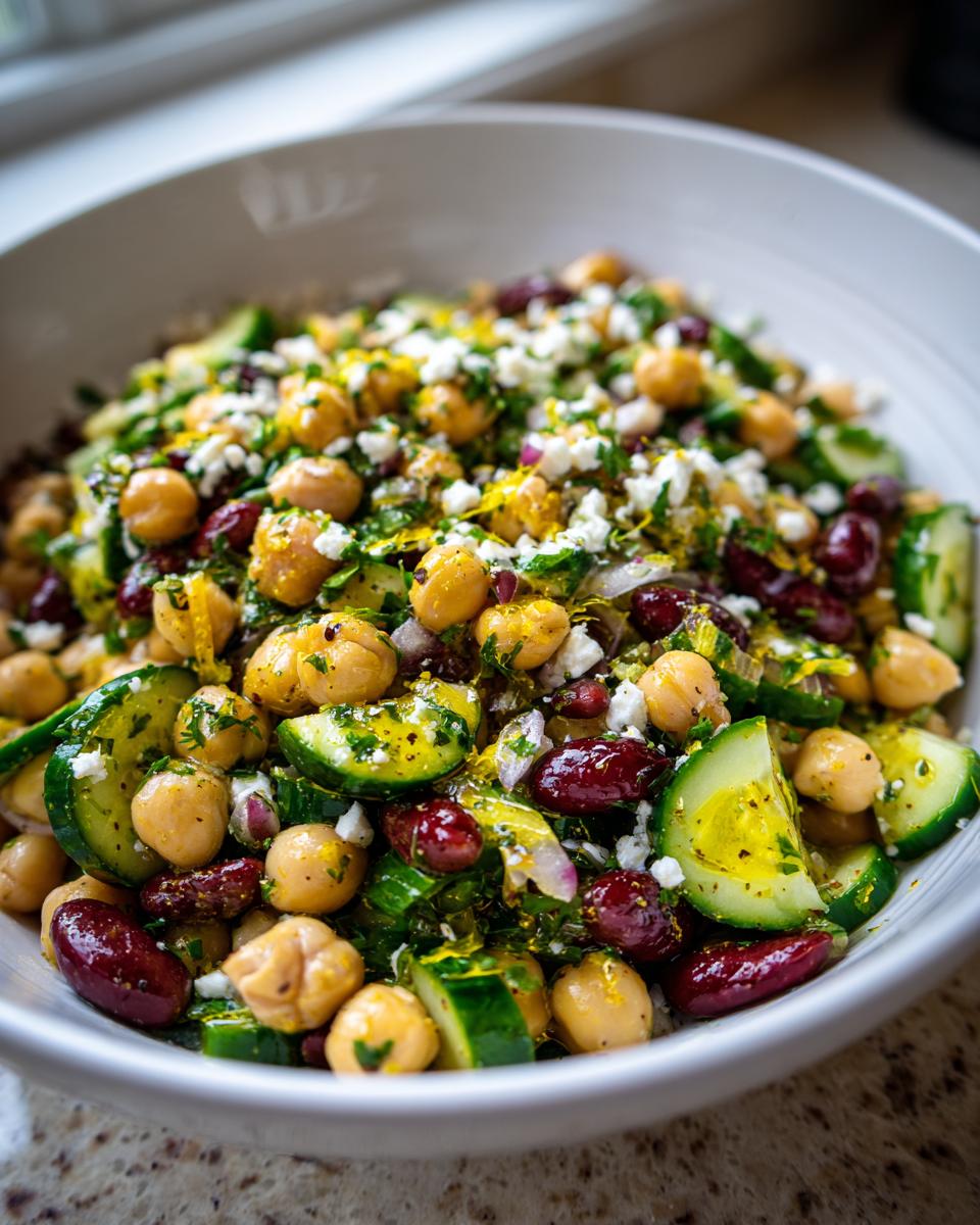 Close-up of a vibrant bean salad featuring chickpeas, kidney beans, cucumber, and feta cheese.